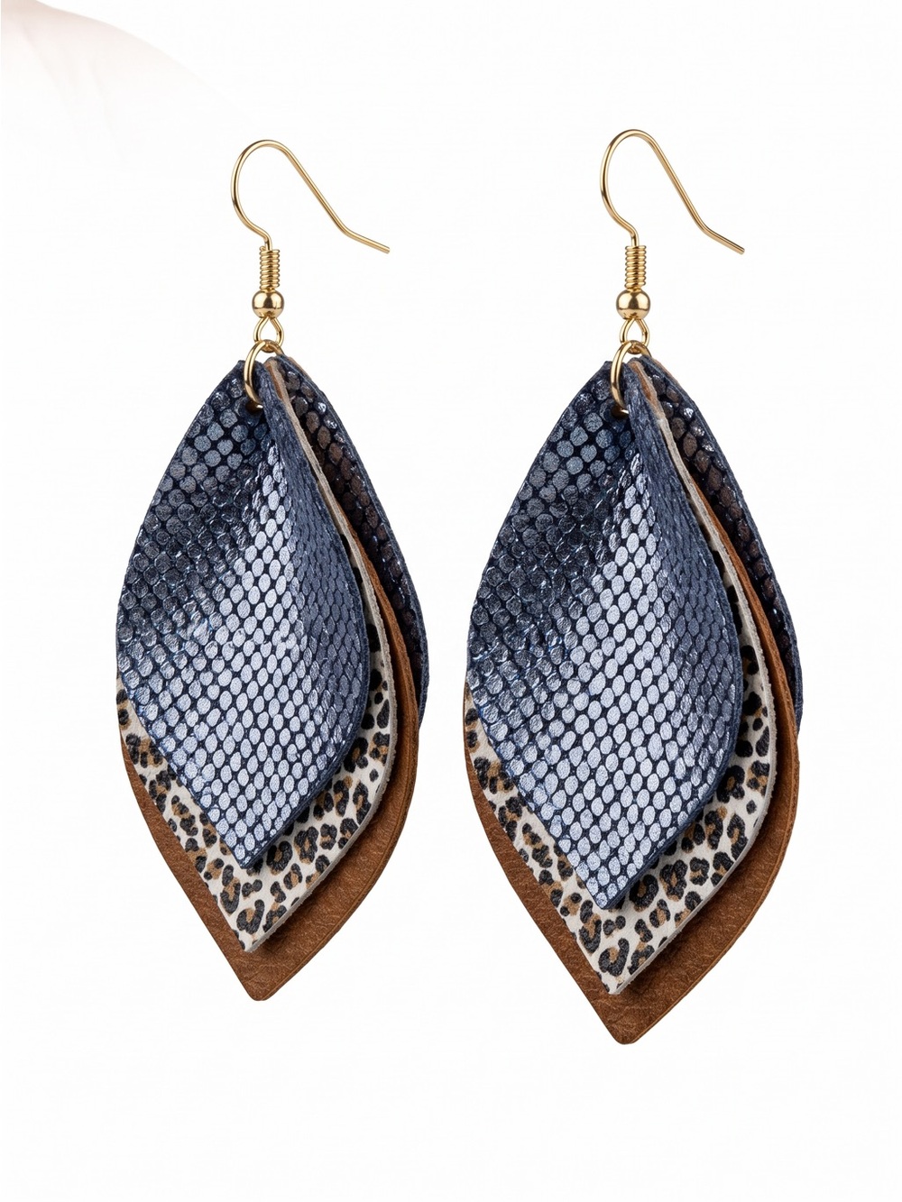 Navy Blue and Brown Layered Leaf Drop Earrings with Gold Hooks